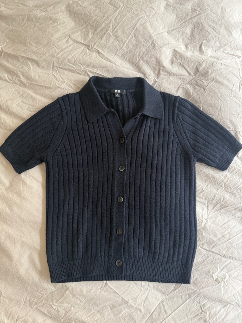Uniqlo Navy Ribbed Knit Short-Sleeve Polo Cardigan